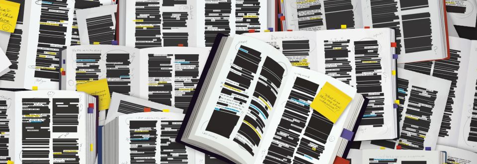 artist rendering of many open books with most of the lines of text redacted